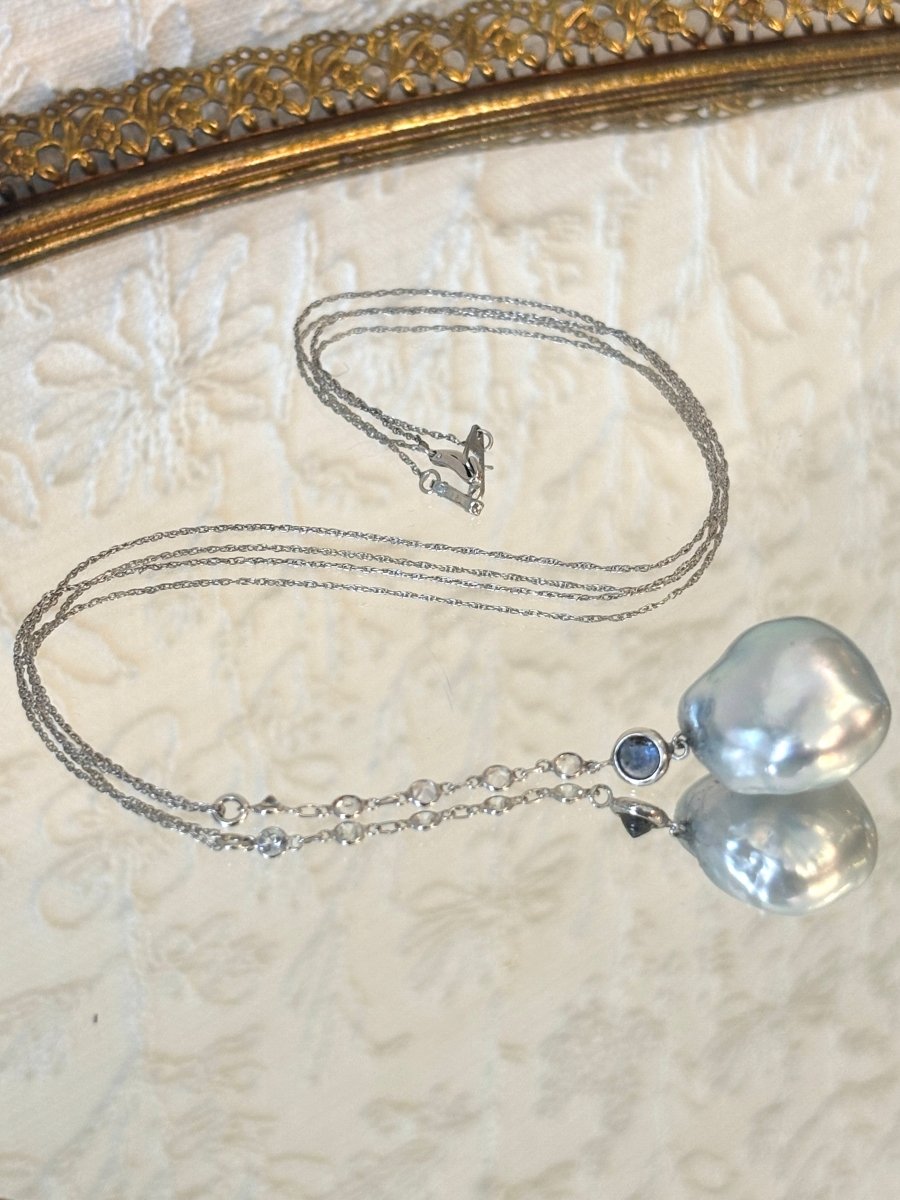 14K White Gold, Diamonds, Sapphire, Pearl Pendant Necklace - Made X Hudson