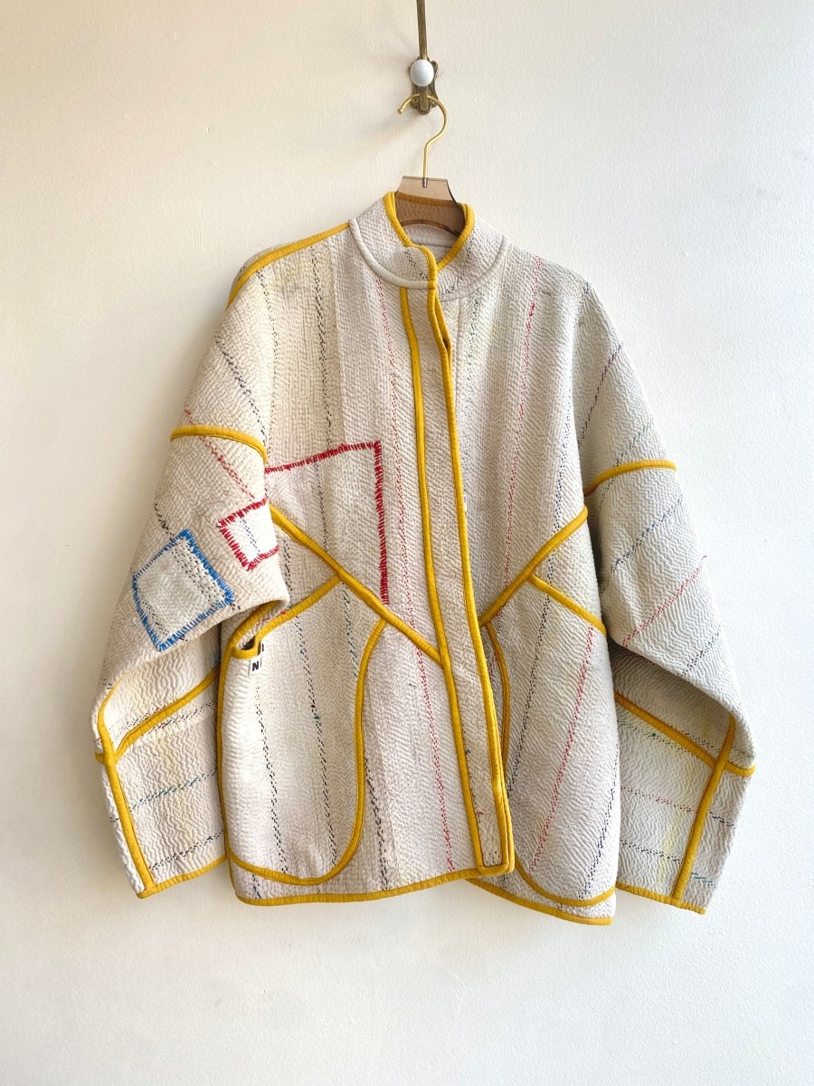 Reversible Ladhiya Quilted Jacket in Colors Cream w/ Stripes & Mustard Piping - Made X Hudson