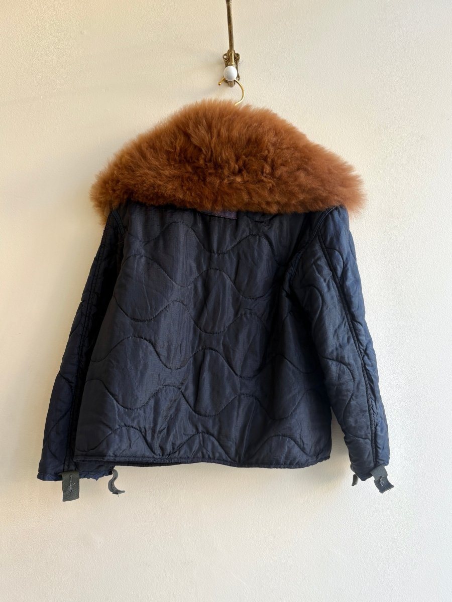 Deep Navy Army Liner Quilted Coat w/ Brown Alpaca Fur Collar & Dark Burgundy Clasps (Reworked) - Made X Hudson