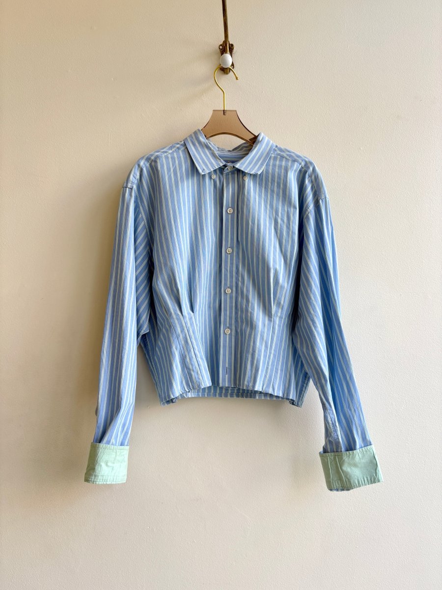 The Kevin Top | Light Blue w/ Lime Stripes & Cuffs w/ Gathered Waist (Reworked) - Made X Hudson
