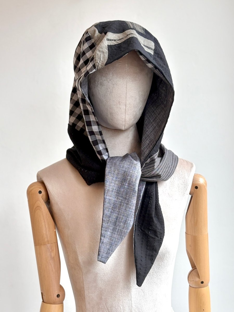 Hooded Patchwork Scarf in Black & Grey - Made X Hudson