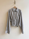 The George Top | Grey Striped Button Down w/ Smocked Waist (Reworked) - Made X Hudson