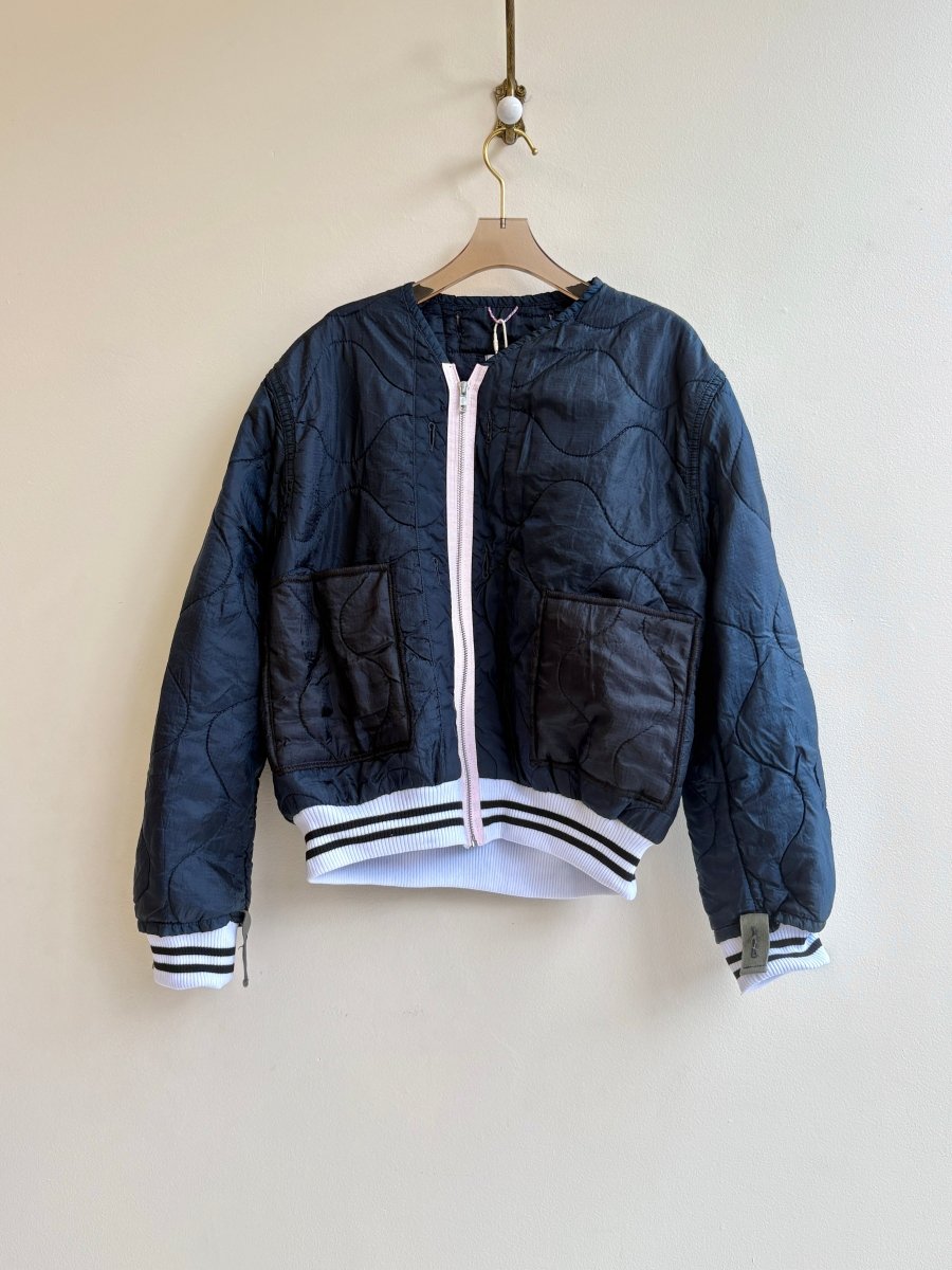 Navy Army Liner Quilted Coat w/ Pale Pink Zipper & Stripe Hem (Reworked) - Made X Hudson