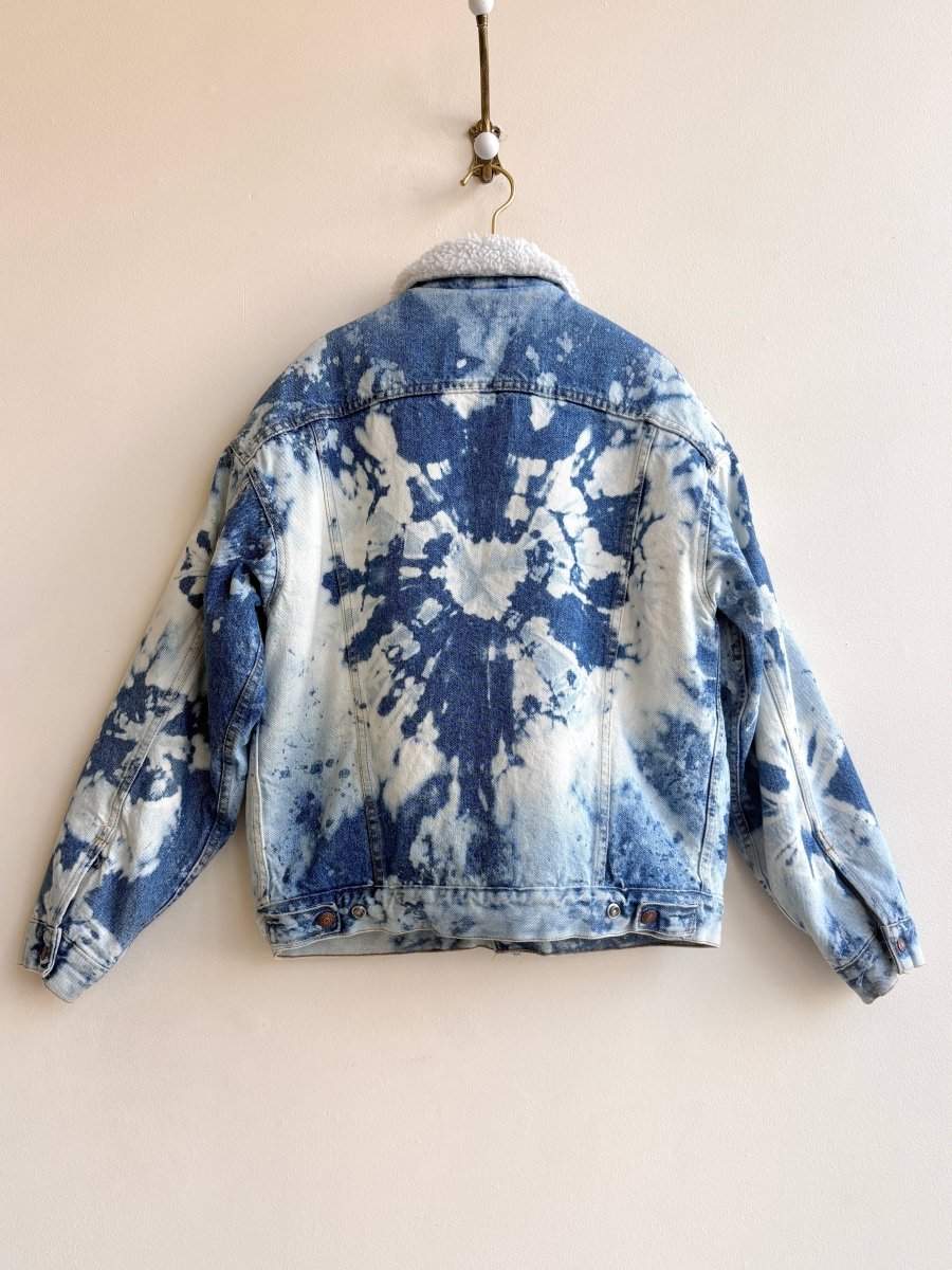 "Leigh" Distressed Denim Sherpa Jacket with Tree Stencils (Reworked) - Made X Hudson