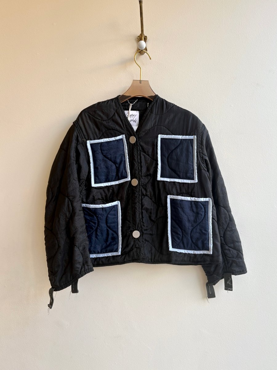 Black Army Liner Quilted Coat w/ Silver Buttons & Navy Pockets (Reworked) - Made X Hudson