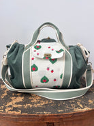 Mini Cross - Body Duffel Bag in Emerald Corduroy and Retro Strawberry Pattern w/ Sage Webbing - Made X Hudson