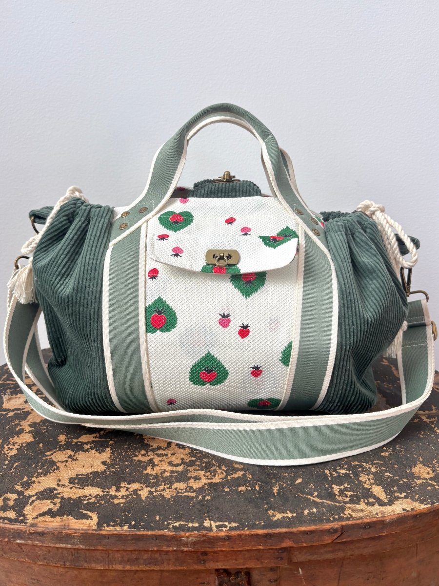 Mini Cross - Body Duffel Bag in Emerald Corduroy and Retro Strawberry Pattern w/ Sage Webbing - Made X Hudson
