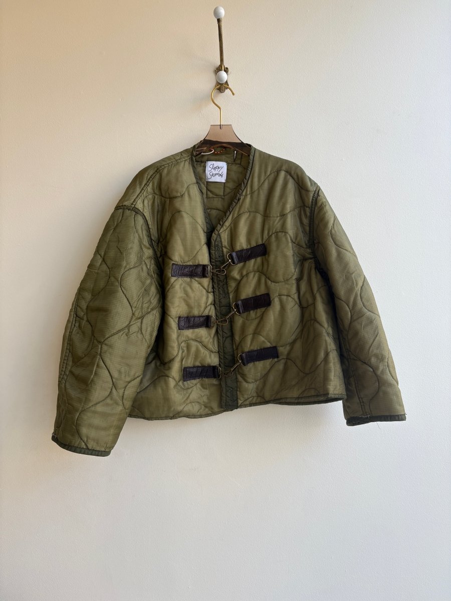 Olive Green Army Liner Quilted Coat w/ Brown Leather & Brass - Tone Clasps (Reworked) - Made X Hudson