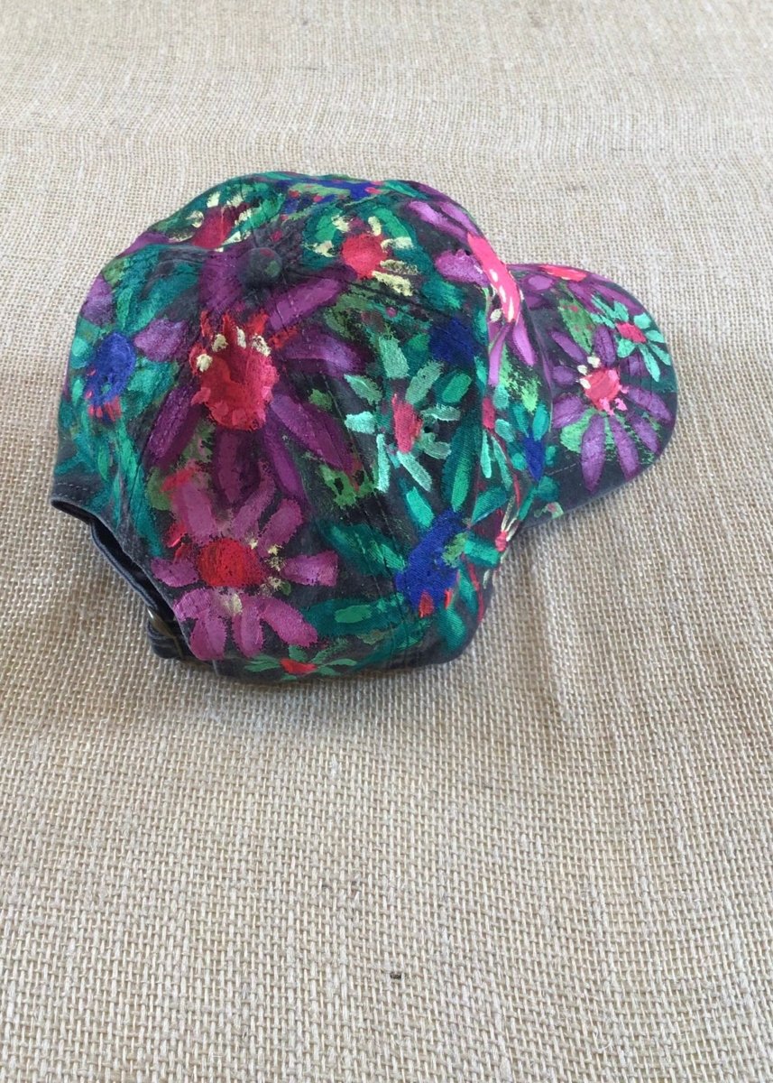 Grey Hand Painted Purple & Green Flowers Baseball Cap - Made X Hudson