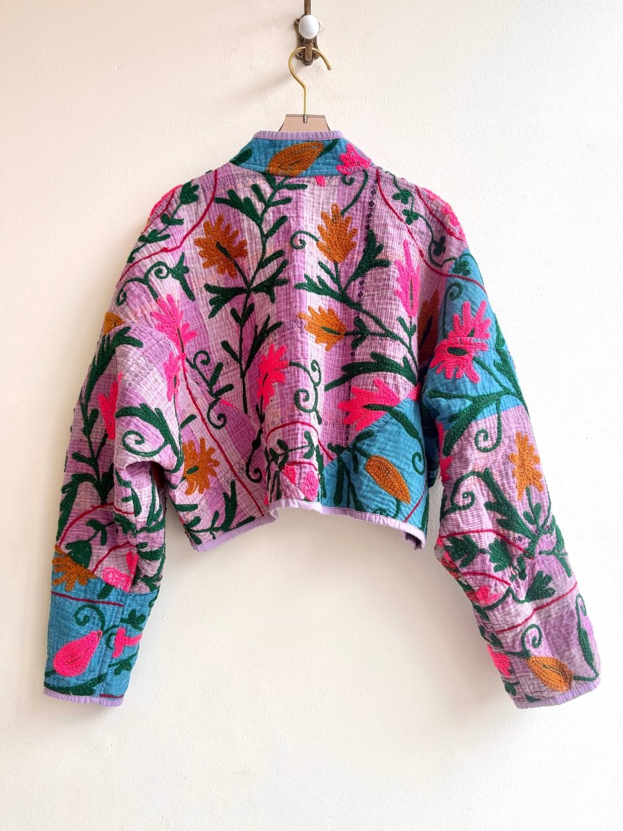 Reversible Kaira Suzani Quilted Cropped Jacket in Colors Peony, Lime Pop, Hot Pink, Lavender & Petal, Forest, Ocher - Made X Hudson