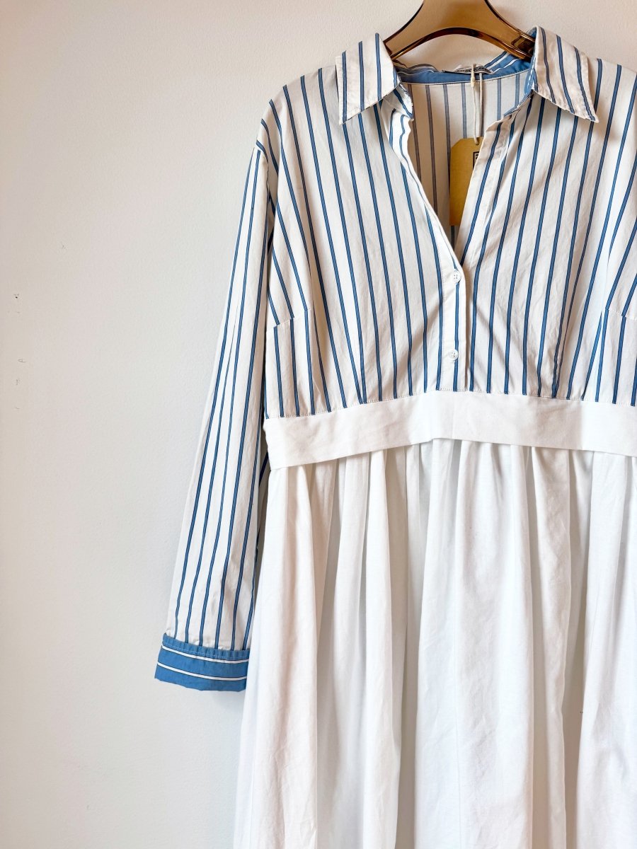 Empire Shirtwaist Dress in Blue & White Shadow Stripe & White (Reworked) - Made X Hudson