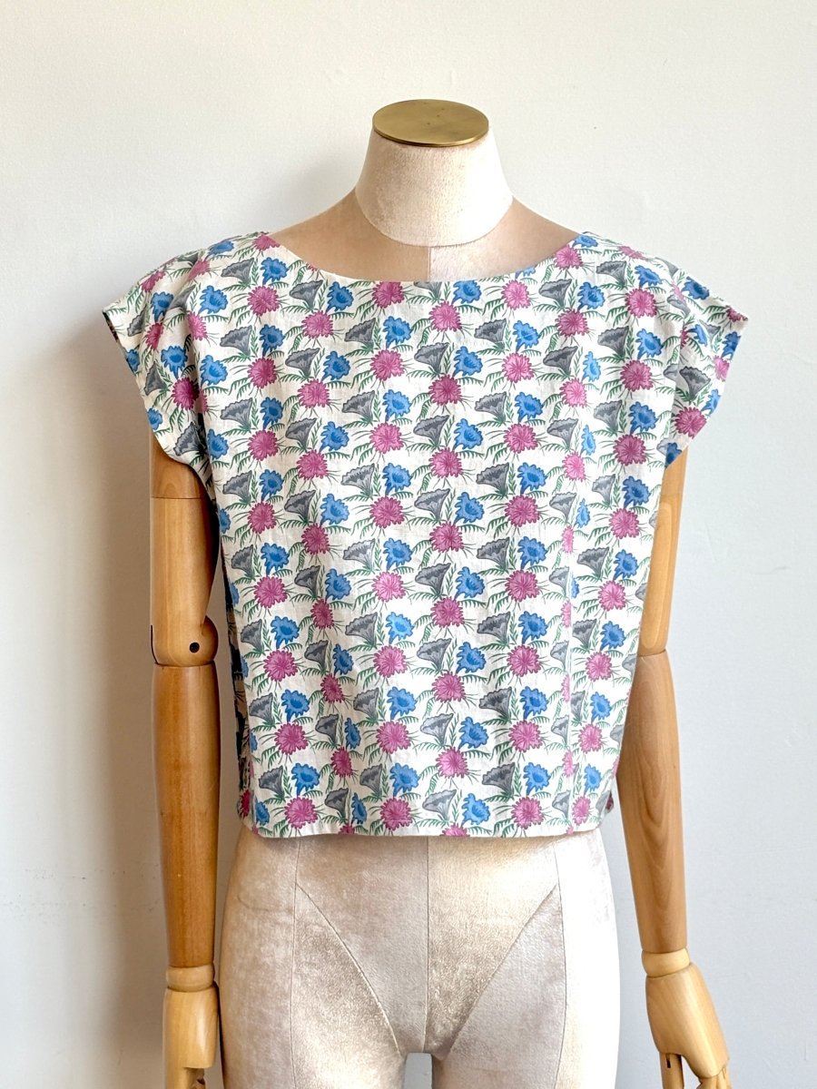 Fuschia, Grey & Blue Floral Print Box Top - Made X Hudson