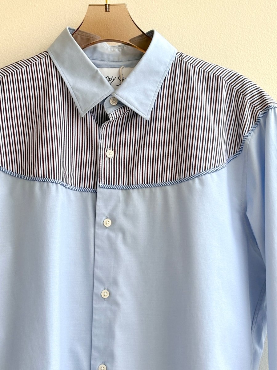 Austin Top | Blue Button Down Top w/ Brown & Blue Pinstripe Shoulder Accent (Reworked) - Made X Hudson