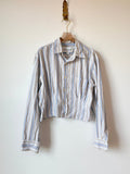 The Kevin Top | White w/ Brown, Beige, & Sky Blue Stripes Button Down Top w/ Gathered Waist (Reworked) - Made X Hudson