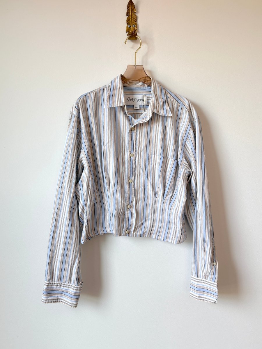 The Kevin Top | White w/ Brown, Beige, & Sky Blue Stripes Button Down Top w/ Gathered Waist (Reworked) - Made X Hudson