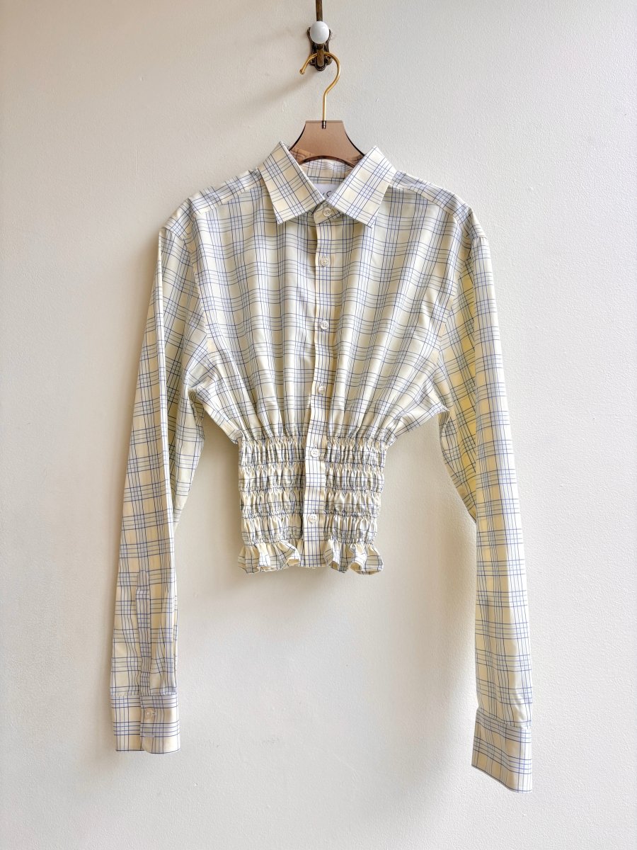 The George Top | Pale Yellow & Blue Grid Button Down Top w/ Smocked Waist (Reworked) - Made X Hudson