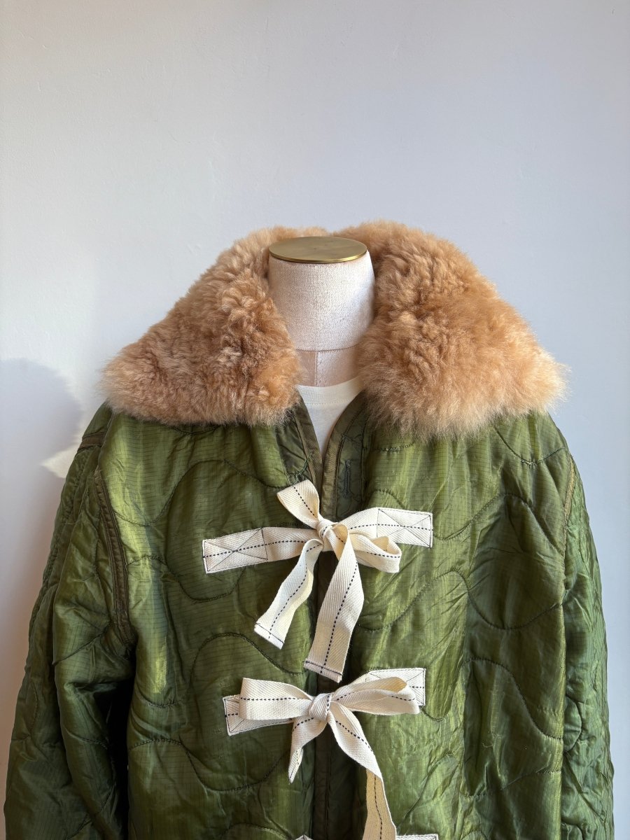 Olive Green Army Liner Quilted Coat w/ Caramel Alpaca Fur Collar & Twill Tape Ties (Reworked) - Made X Hudson