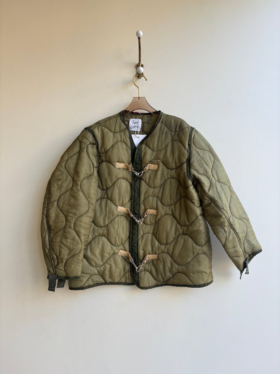 Olive Green Army Liner Quilted Coat w/ Tan Leather & Silver - Tone Clasps (Reworked) - Made X Hudson