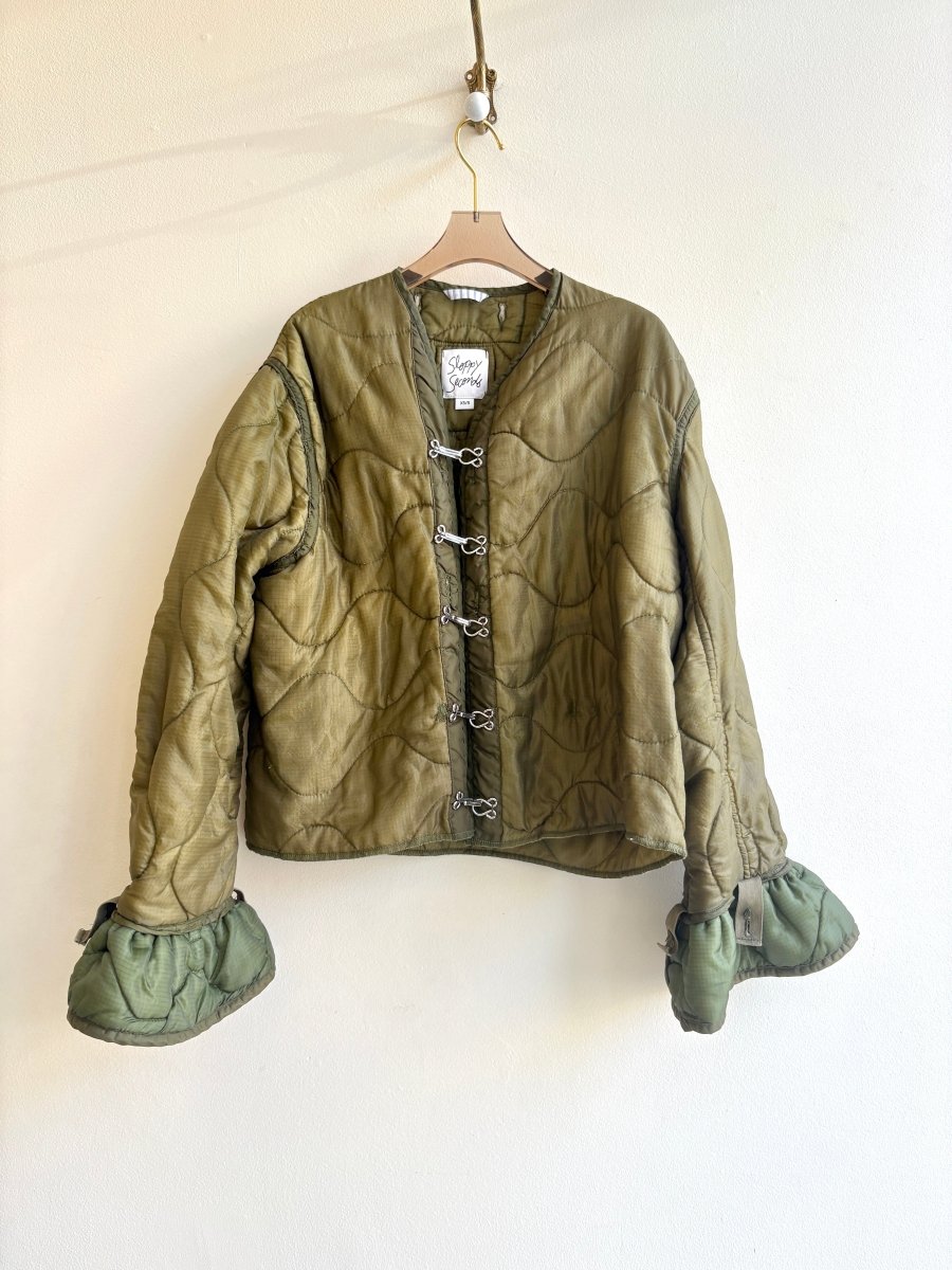 Olive Green Army Liner Quilted Coat w/ Silver Hook & Eyes and Ruffle Cuff (Reworked) - Made X Hudson