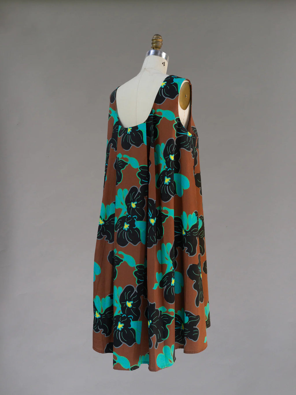 Brown, Black and Blue Floral 1961 Chestnut Print Watteau Dress - Made X Hudson