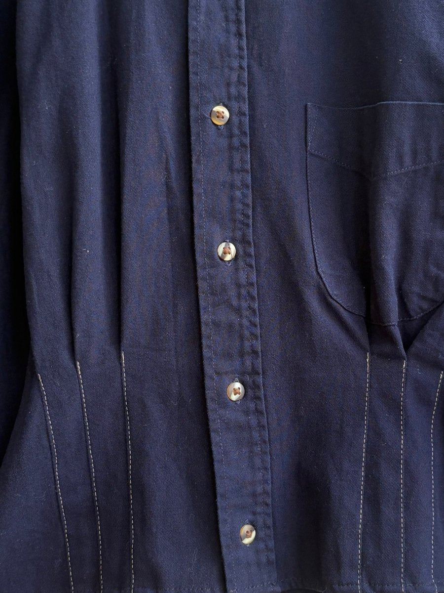 The Kevin Top | Deep Navy Blue Button Down Top w/ Gathered Waist (Reworked) - Made X Hudson