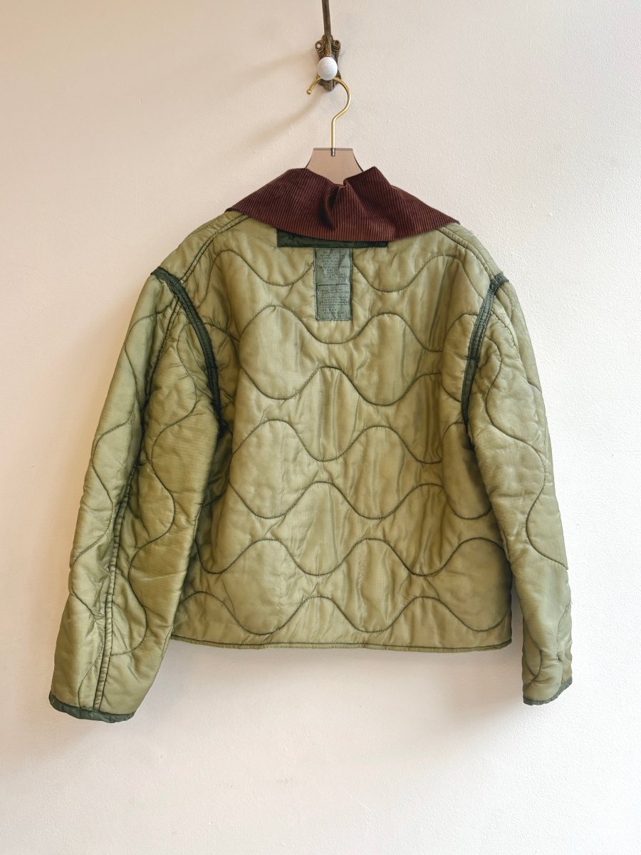 Light Olive Green Army Liner Quilted Coat w/ Brown Corduroy Collar, Brown Buttons, & Pockets (Reworked) - Made X Hudson