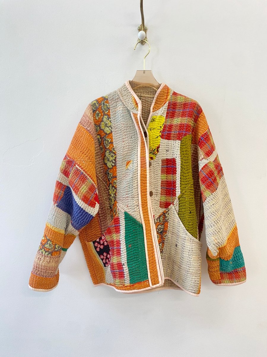 Reversible Ladhiya Quilted Jacket in Orange Floral Patchwork, Red Plaid, Green, Tan & Mustard, Tan - Made X Hudson