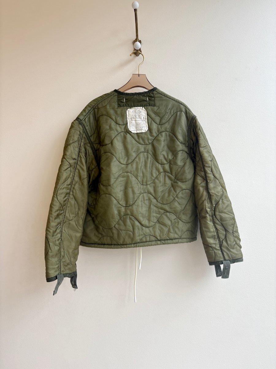 Olive Green Army Liner Quilted Coat w/ Light Olive Patch Pockets & White Drawstring | Multiple Sizes (Reworked) - Made X Hudson