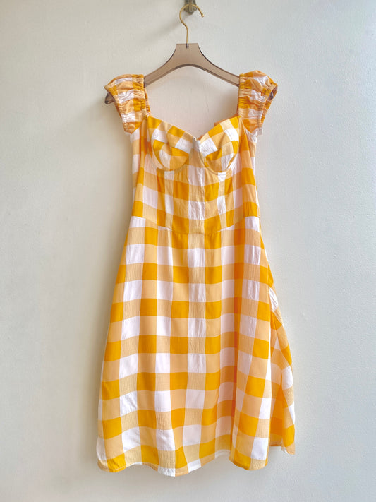 Autumn Adeigbo | Yellow Gingham Off The Shoulder Boned Bodice Dress (Vintage)