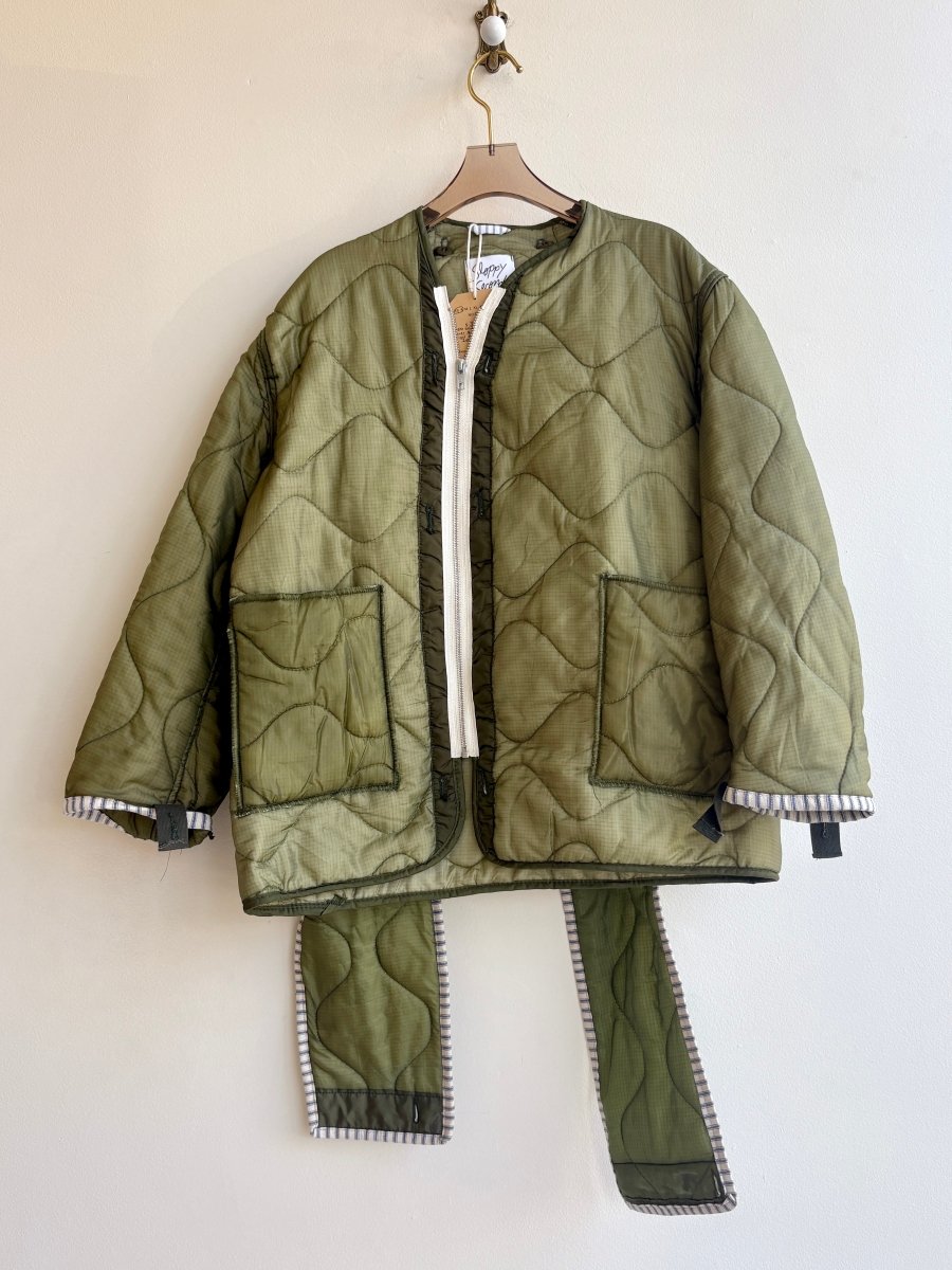 Light Olive Green Army Liner Quilted Coat w/ Bright Olive Scarf & White Zipper (Reworked) - Made X Hudson