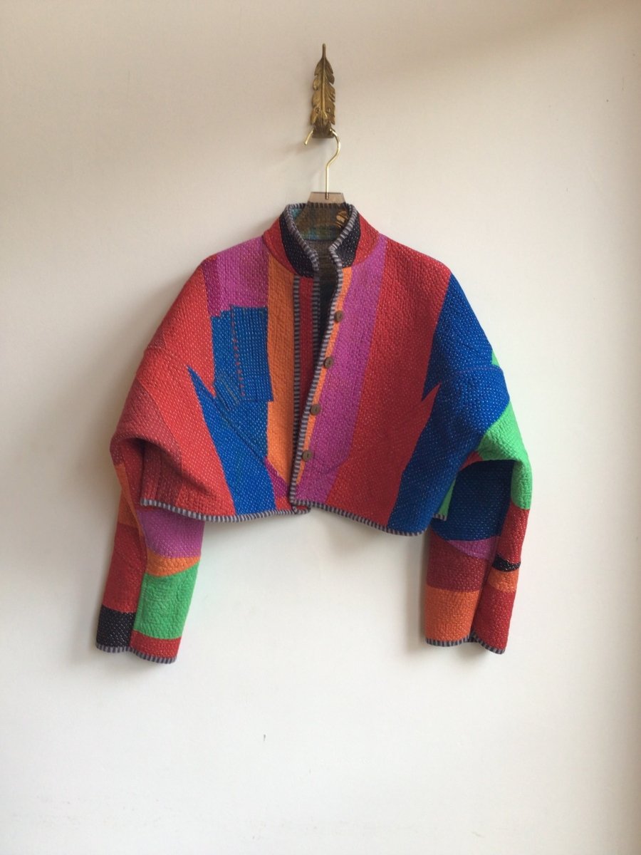 Reversible Kaira Quilted Cropped Jacket in Colors Green, Lavender, Maroon & Red, Orange, Purple, Blue, Green - Made X Hudson