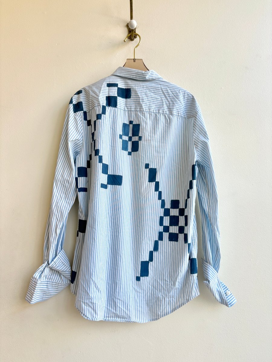 Ocean Quilt Checker Sky Blue Stripe Button-Up | Hand Painted (Reworked) - Made X Hudson
