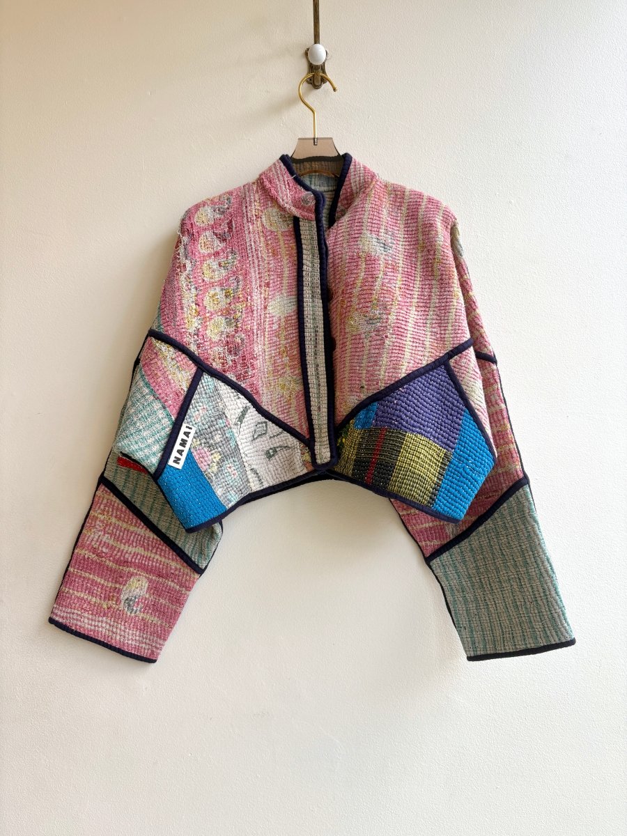 Reversible Kaira Quilted Cropped Jacket in Colors Jade Plaid, Daisy, Peony & Cobalt and Orange Multi Colored Patchwork - Made X Hudson