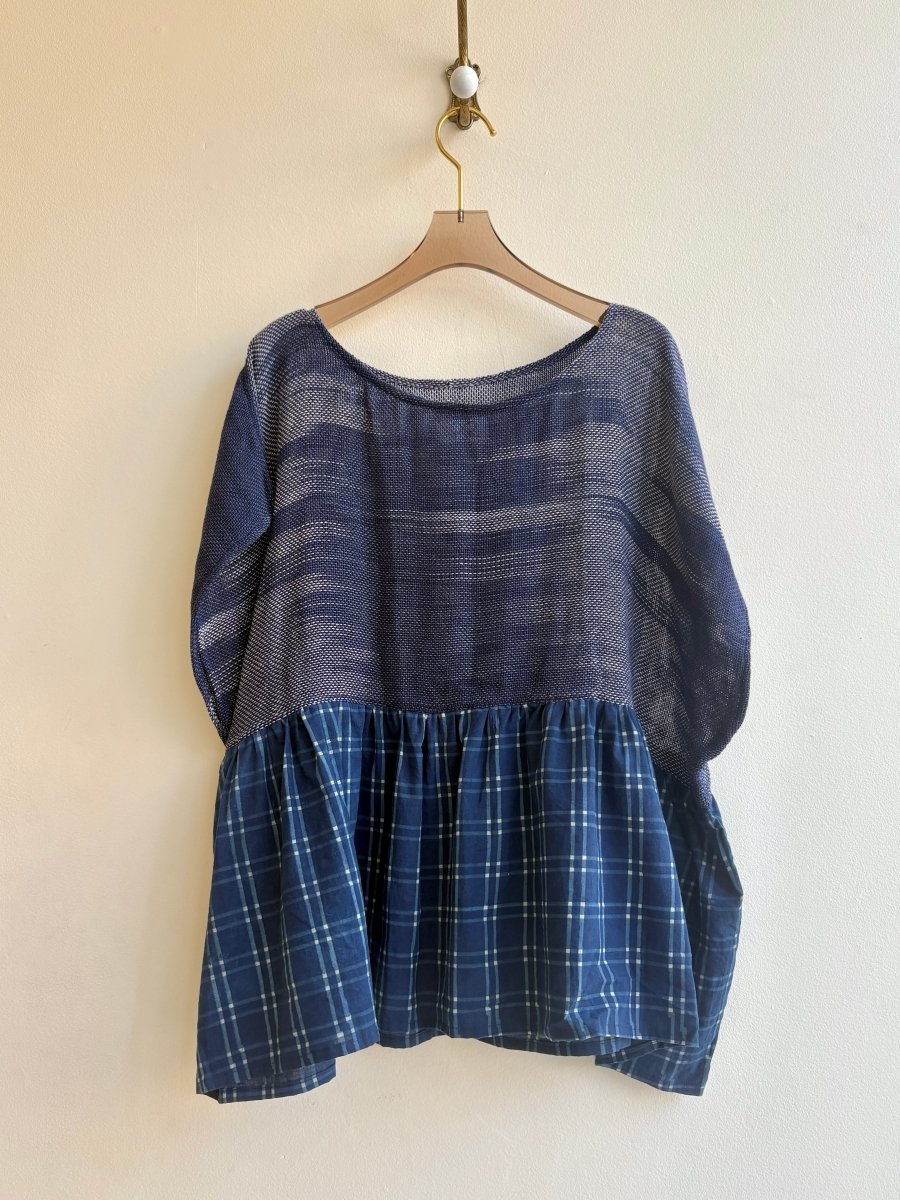 Handwoven Blouse Indigo w/ Plaid Peplum - Made X Hudson