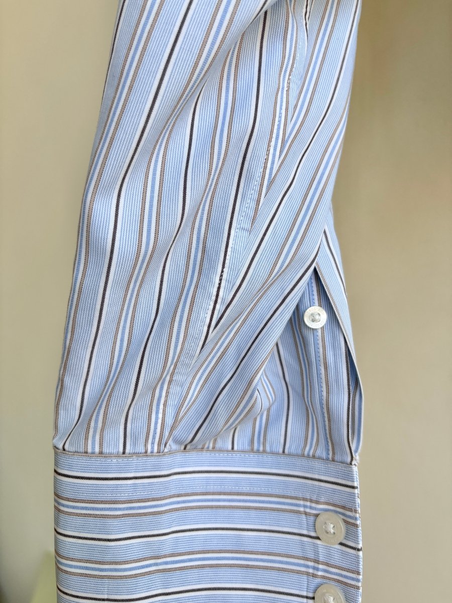 The Kevin Top | Brown, Blue & White Stripe Top w/ Gathered Waist (Reworked) - Made X Hudson