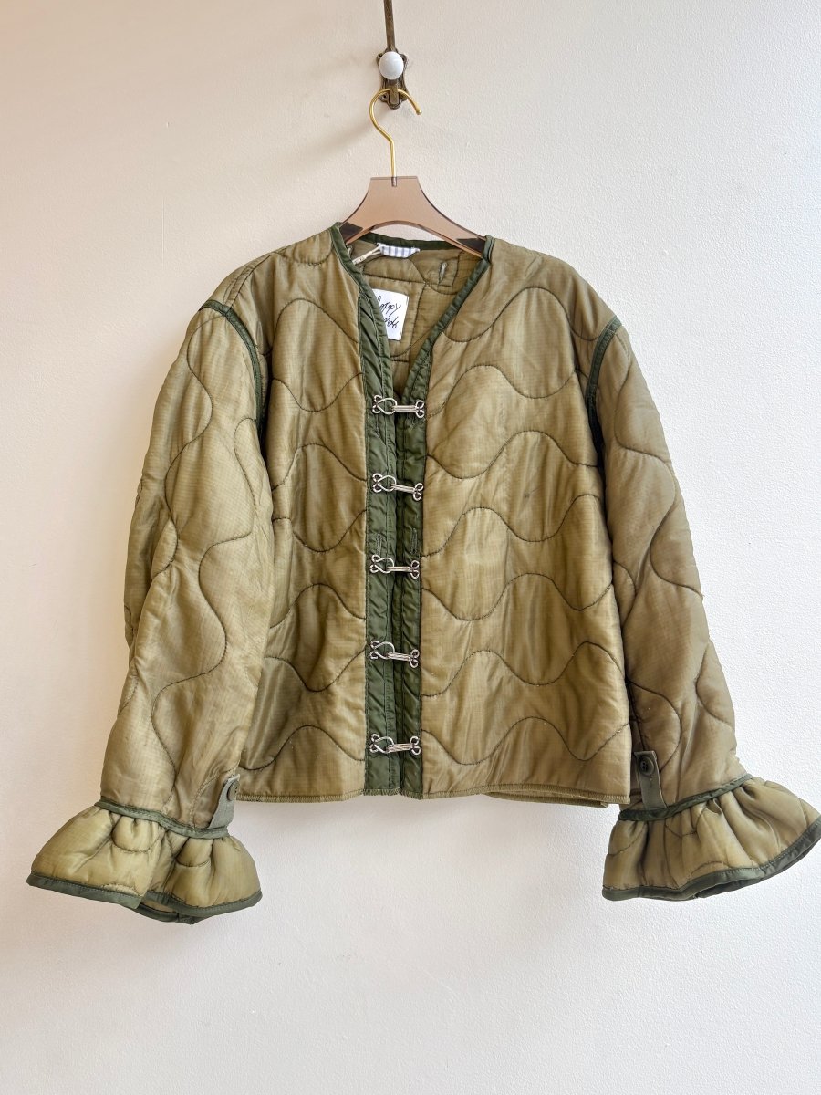 Light Olive Green Army Liner Quilted Coat w/ Silver Hook & Eyes and Ruffle Cuff (Reworked) - Made X Hudson