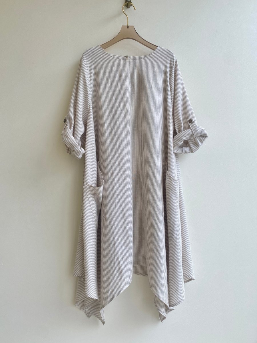 Tan & Cream Mini - stripe Handkerchief Hem Dress w/ Patch Pockets - Made X Hudson