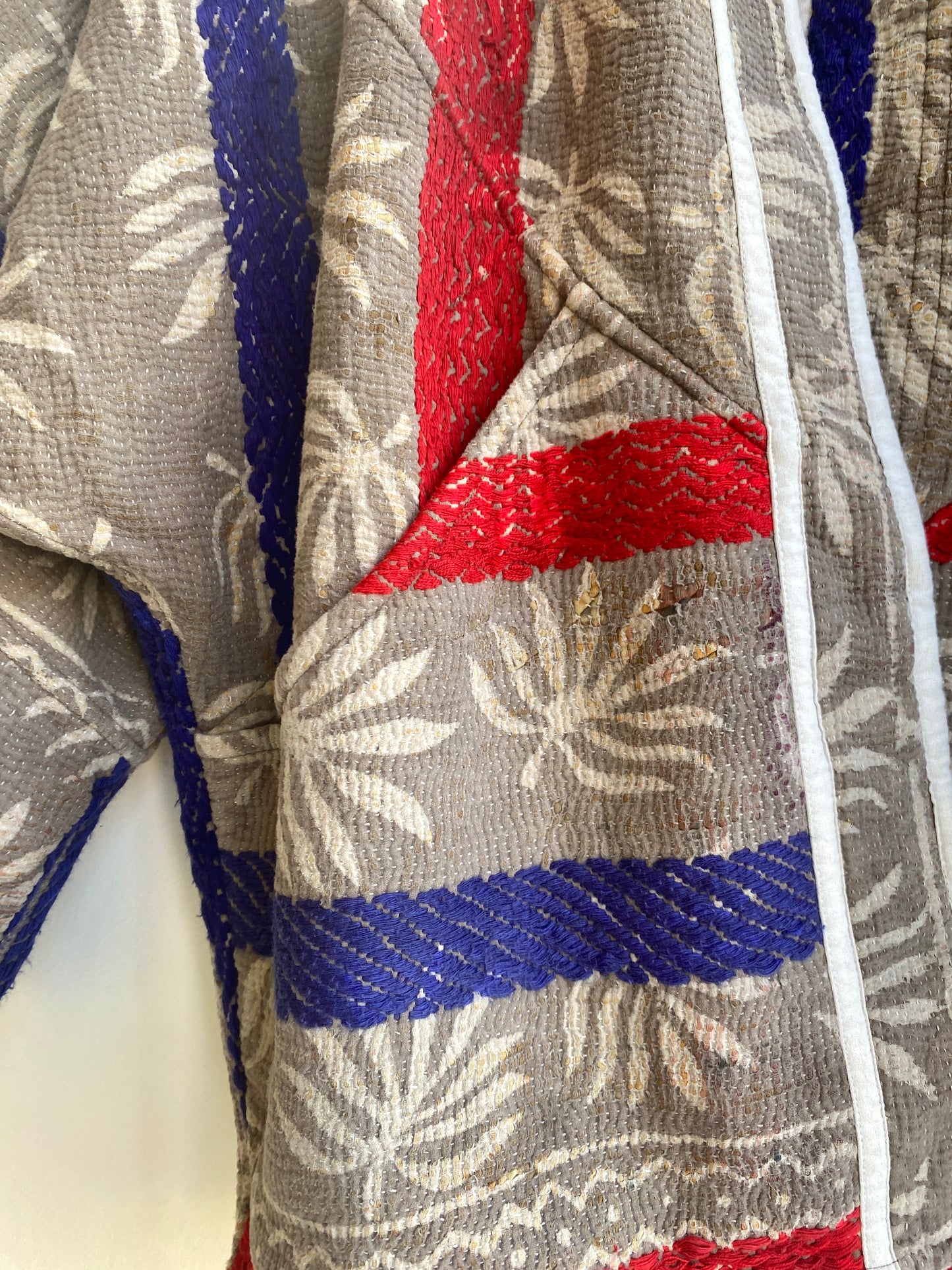 Reversible Ishani Quilted Jacket in Colors Brown Palm Tree & Grey with Red & Blue Stripe