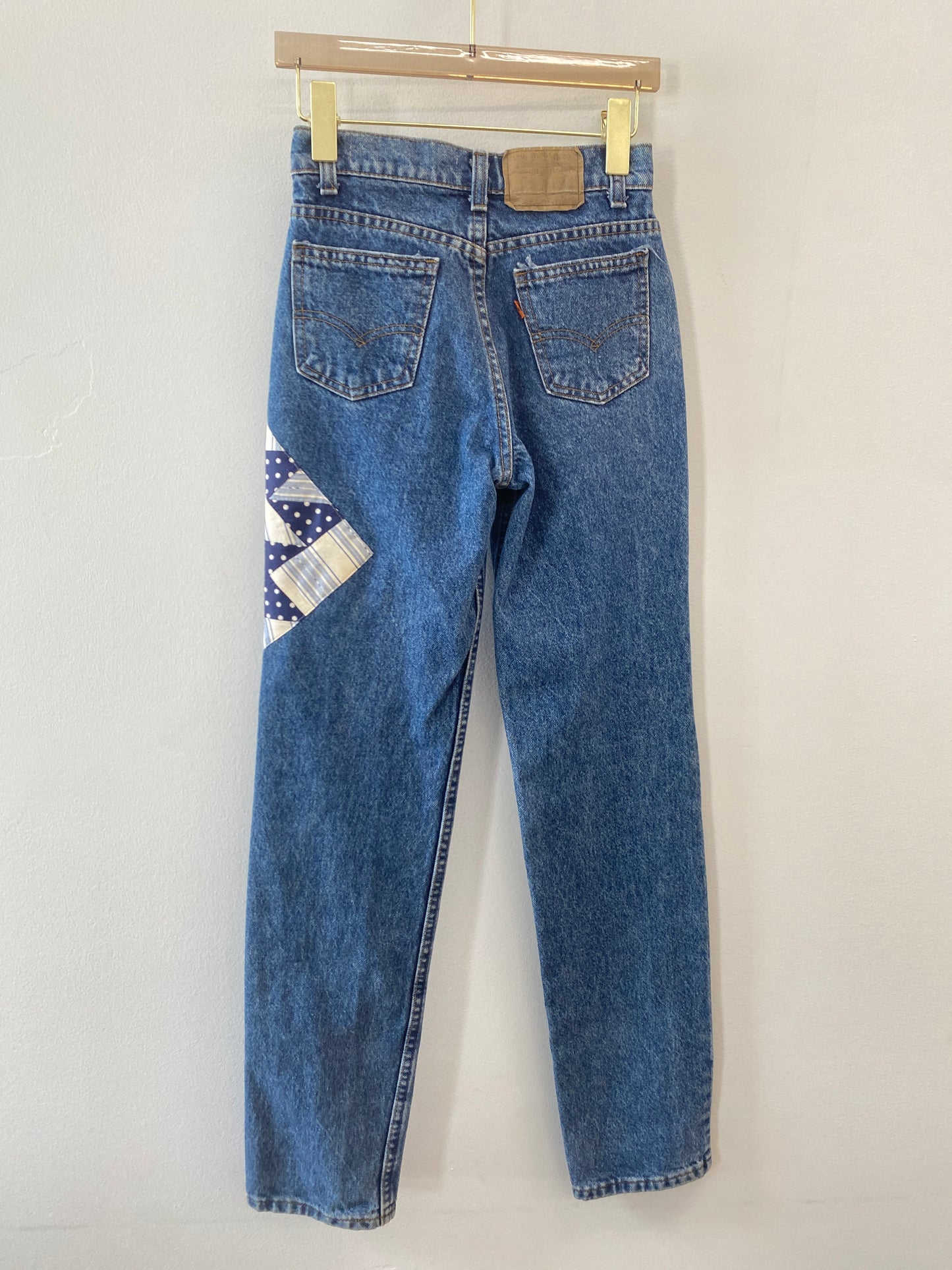 Vintage Orange Tab Levi’s w/ Blue & White Polka Dot & Striped Quilted Patch (Reworked)