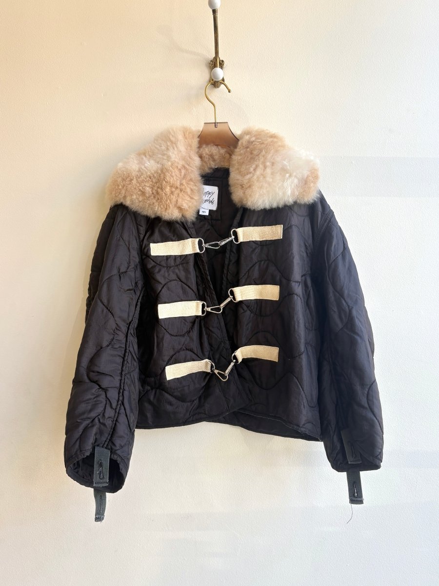 Black Army Liner Quilted Coat w/ Carmel Alpaca Fur Collar & Beige Textured Faux Leather & Silver - Tone Clasps (Reworked) - Made X Hudson