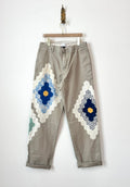 Grandmothers Garden Quilt Block Applique Chinos | Cream, Blue and Yellow (Reworked) - Made X Hudson
