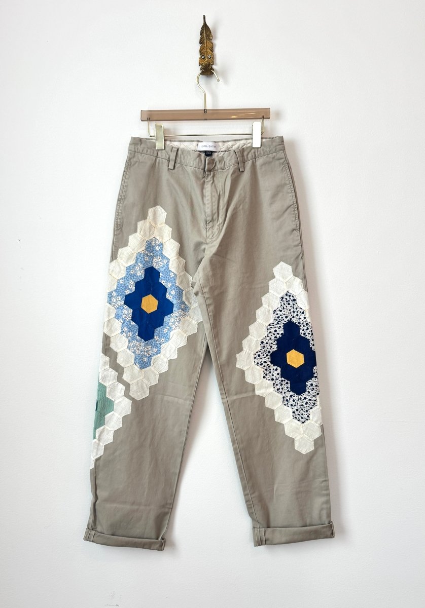Grandmothers Garden Quilt Block Applique Chinos | Cream, Blue and Yellow (Reworked) - Made X Hudson