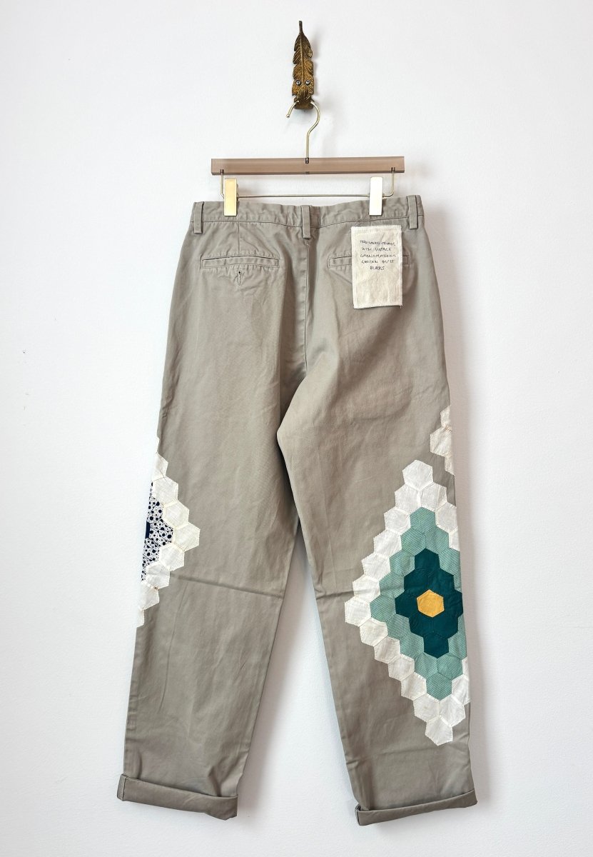 Grandmothers Garden Quilt Block Applique Chinos | Cream, Blue and Yellow (Reworked) - Made X Hudson