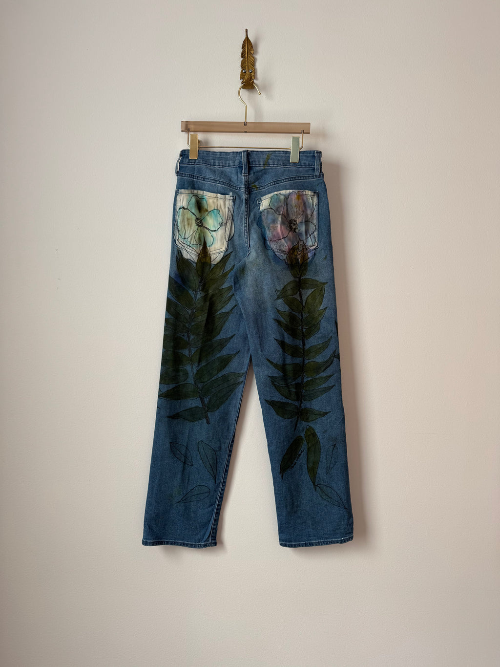 Blue Flower Pockets w/ Leaves Eco Printed & Hand Drawn Denim Pants (Reworked)
