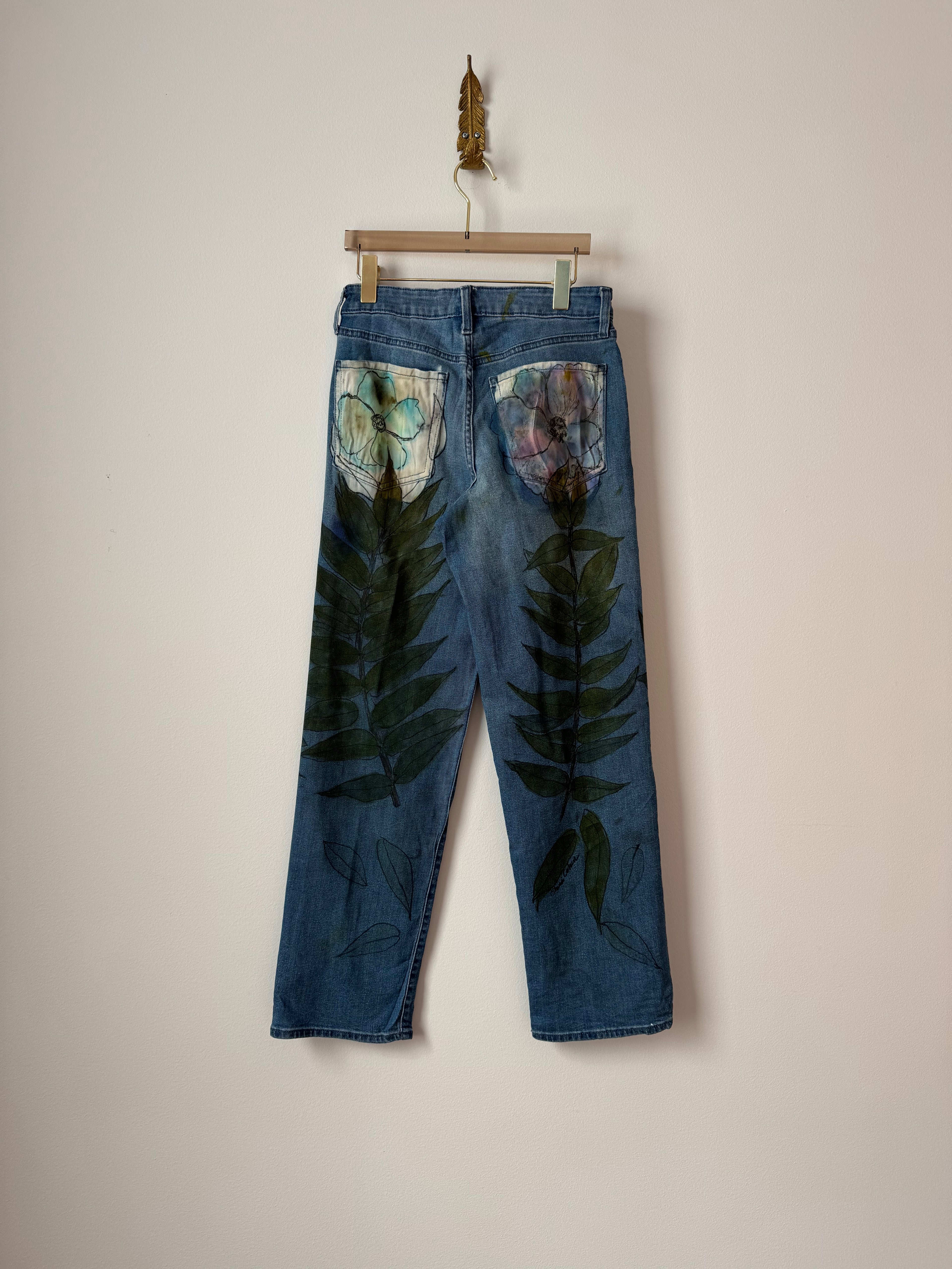 Blue Flower Pockets w/ Leaves Eco Printed & Hand Drawn Denim Pants (Reworked)
