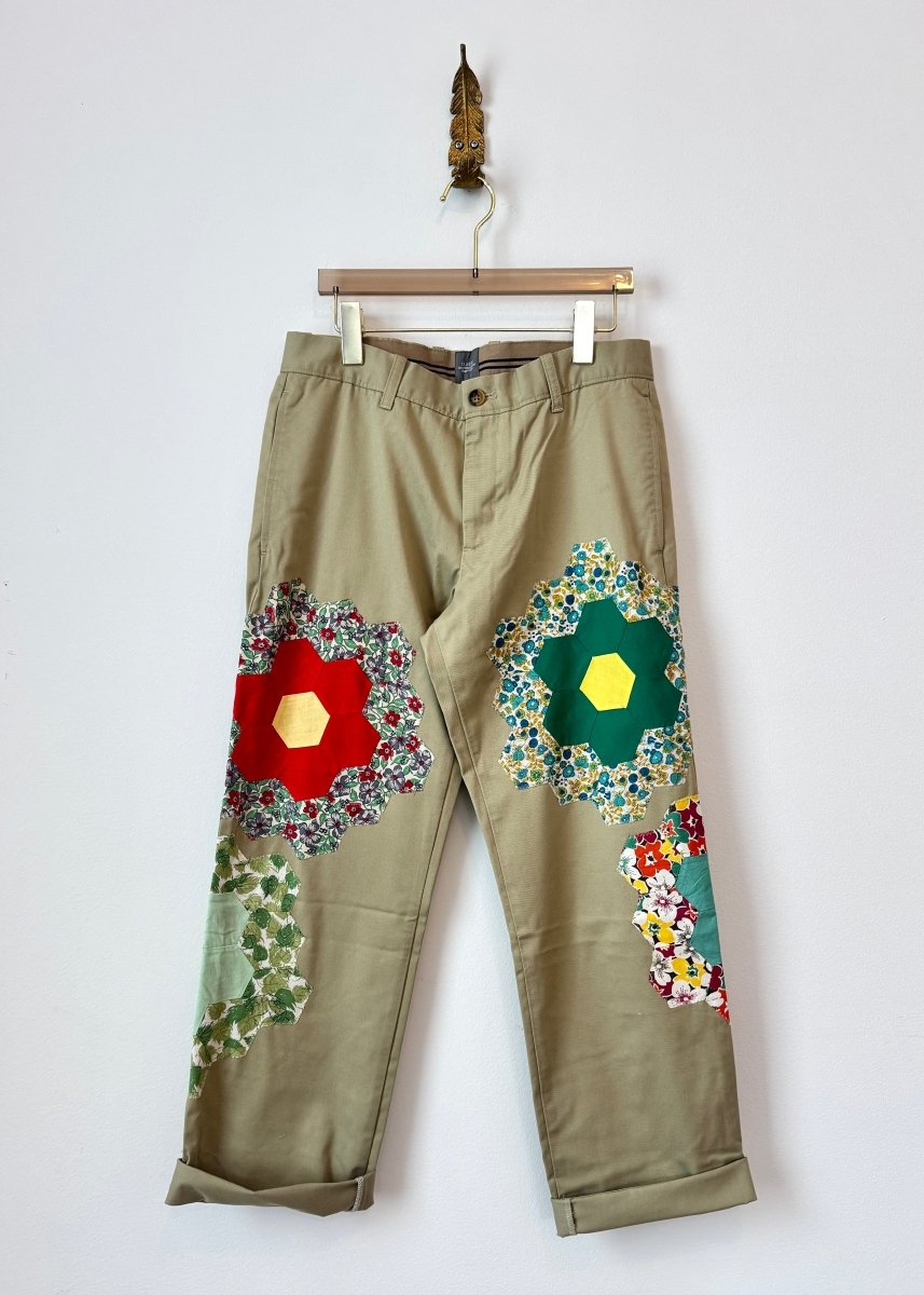 Grandmothers Garden Quilt Block Applique Chinos | Cherry Garden and Ivy Green (Reworked) - Made X Hudson