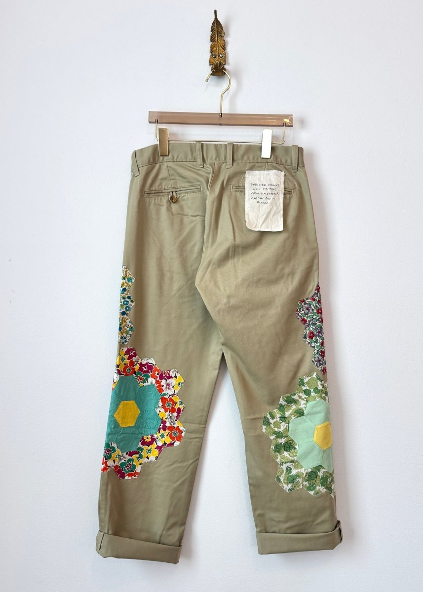 Grandmothers Garden Quilt Block Applique Chinos | Cherry Garden and Ivy Green (Reworked) - Made X Hudson