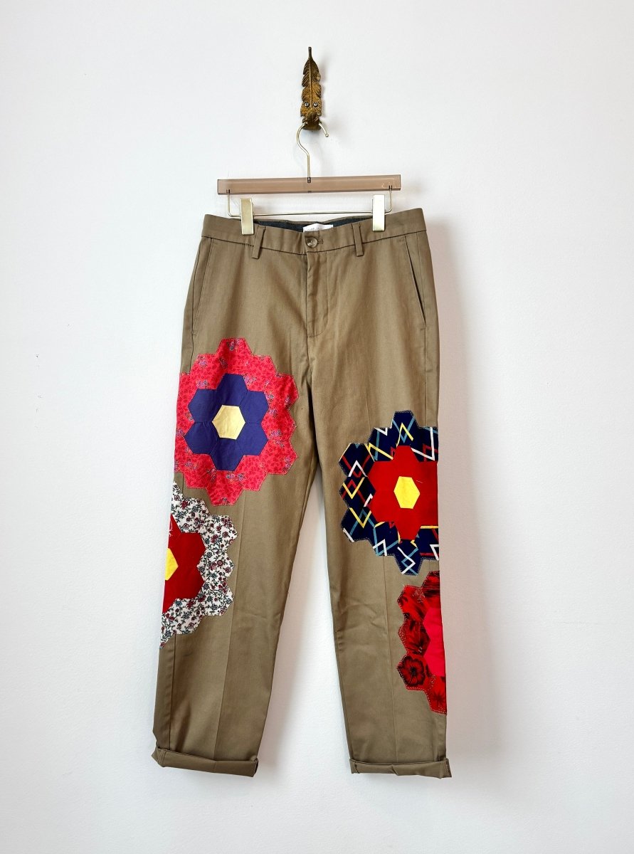 Grandmothers Garden Quilt Block Applique Chinos | Hot Chili and Navy Zag (Reworked) - Made X Hudson