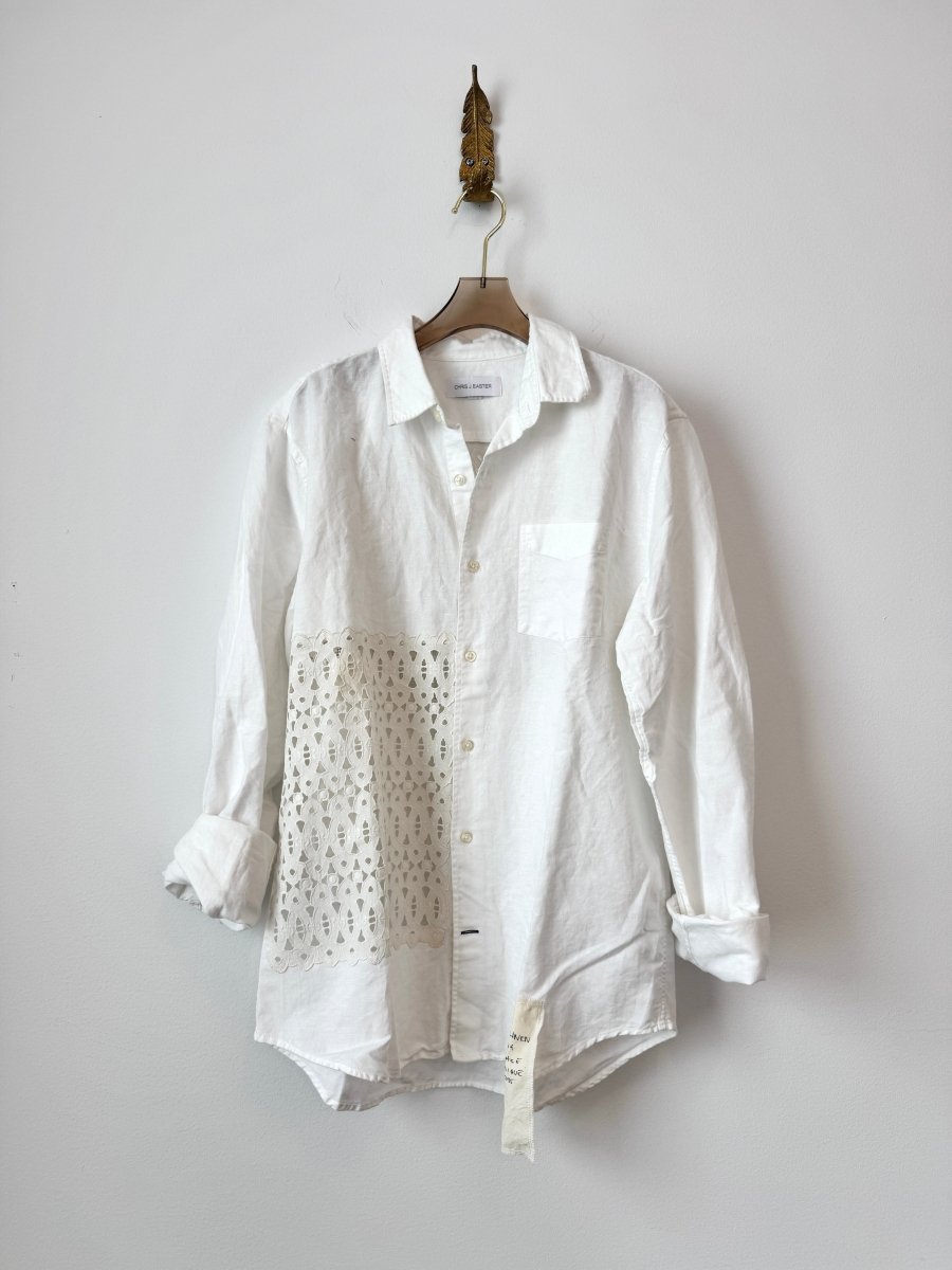 White Linen Dollie Applique Button Down | Cut Lace and Florette Crochet (Reworked) - Made X Hudson