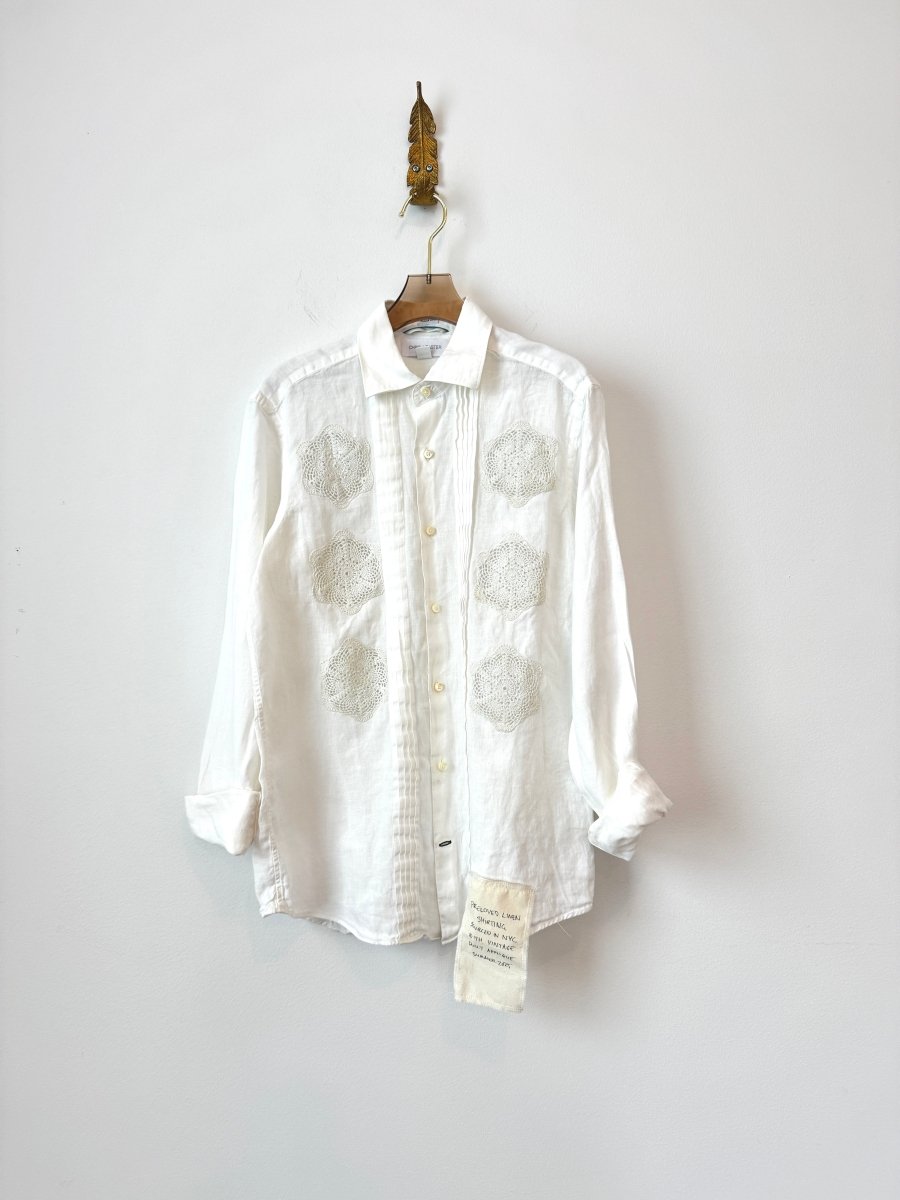 White Linen Dollie Applique Button Down | Tuxedo Crochet (Reworked) - Made X Hudson